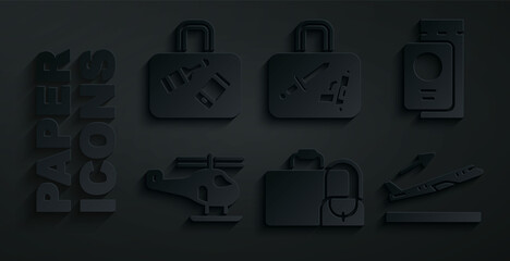 Set Suitcase, Passport with ticket, Helicopter, Plane takeoff, and icon. Vector