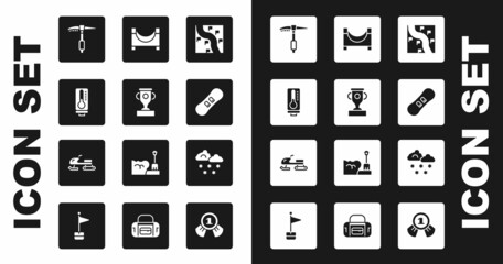 Set Route location, Award cup, Meteorology thermometer, Ice axe, Snowboard, Skate park, Cloud with snow and Snowmobile icon. Vector