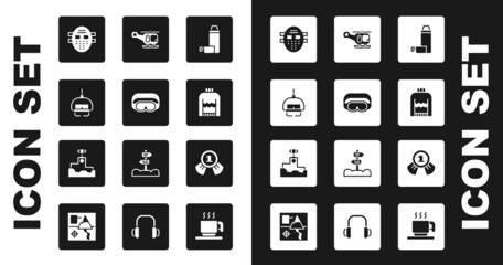 Set Thermos container, Ski goggles, lift, Hockey mask, Christmas sweater, Rescue helicopter, Medal and Award winner podium icon. Vector