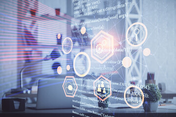 Double exposure of data theme drawing and office interior background. Concept of technology.