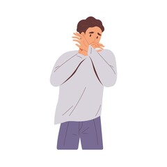 Sad embarrassed man regretting smth. Upset miserable person feeling grief and sorrow. Disappointed human express emotions of sadness and despair. Flat vector illustration isolated on white background