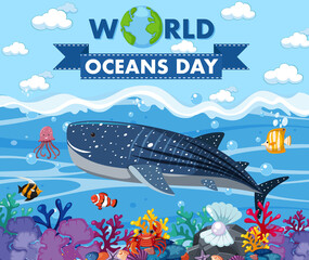 World Ocean Day banner with many different sea animals