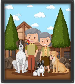 A picture frame with old couple playing their dog