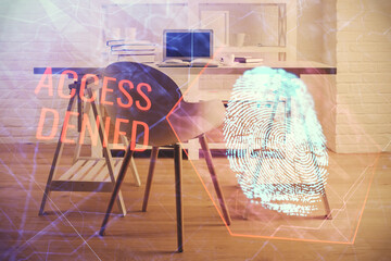 Double exposure of finger print and office interior background. Concept of security.