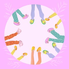 Vector illustration with pillows and pajama pants in indoor slippers with the inscription Pajama Party in bright colors.