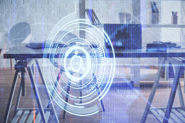 Multi exposure of data theme drawing and office interior background. Concept of technology.