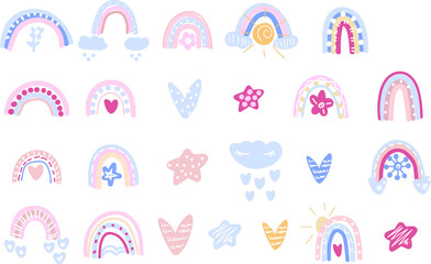 Fototapeta na wymiar Cute rainbows illustration vector set. Boho rainbows for greeting cards, invitations, apparel, nursery wall decor