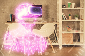 Double exposure of man in VR glasses drawing and office interior background. Concept of AR.