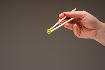 Fresh green Wasabi paste on wooden chopsticks held in hand by Caucasian male hand. Close up studio shot, isolated on gray