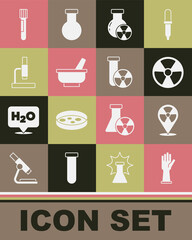 Set Medical rubber gloves, Radioactive in location, Test tube radiation, Mortar and pestle, Microscope, flask and icon. Vector