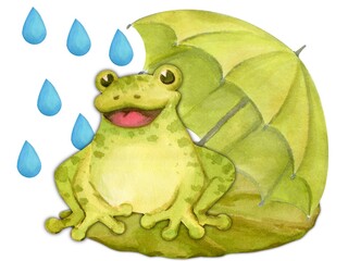The character is a cute frog smiling in the rain with a green umbrella