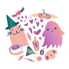 Isolated vector illustration of Halloween attributes ghost, cat and other in pastel tones