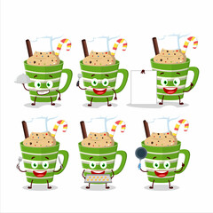 Cartoon character of frappe chocolate with various chef emoticons