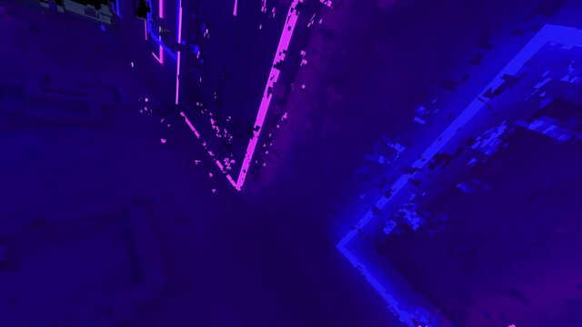 3D Animation room with colored neon lights shining purple blue broken into granules, 360 Panoramic, Motion Abstract image of geometric background