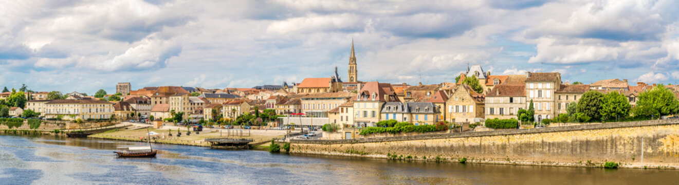 Panoramic view at the Bergerac town from bridge over Dordogne river - France