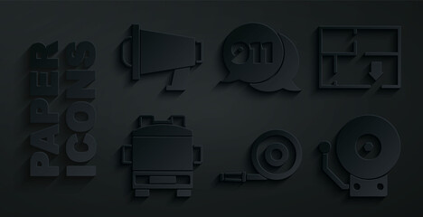 Set Fire hose reel, Evacuation plan, truck, Ringing alarm bell, Telephone call 911 and Megaphone icon. Vector