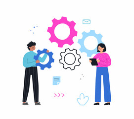 Teamwork concept. Business people launch a mechanism, connect gears. Hand drawn vector illustration flat style. Symbol of cooperation, partnership.