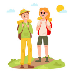 Tourists on summer vacation. Happy couple on adventure travel. Man and woman with backpacks are relaxing on nature. Outdoor activity. Vector illustration.