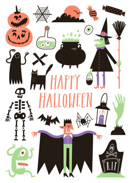 Halloween set with traditional elements and characters in simple hand drawn style.