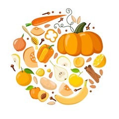 Orange color food. Orange vegetables, fruits, spices, seeds in round. Fresh organic food, healthy eating. Eat colors for your health. Rainbow of fruits and vegetables. Cooking logo for farmers market