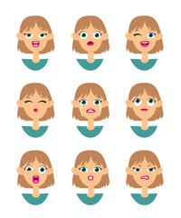 Emotional women emoji. Cartoon style illustration female emoticon. Isolated Hand drawn vector facial expression. Gestures Collection Expressing Different Emotions