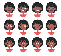 Emotional women emoji. Cartoon style illustration female emoticon. Isolated Hand drawn vector facial expression. Gestures Collection Expressing Different Emotions