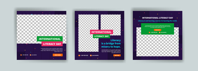 Social media post template for International Literacy day. Banners for social media, cards, posters and postcards.