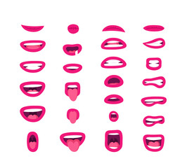Emotional women lips. Cartoon style illustration female mouth. Isolated Hand drawn vector facial expression. Pink lipstick Gestures Collection Expressing Different Emotions