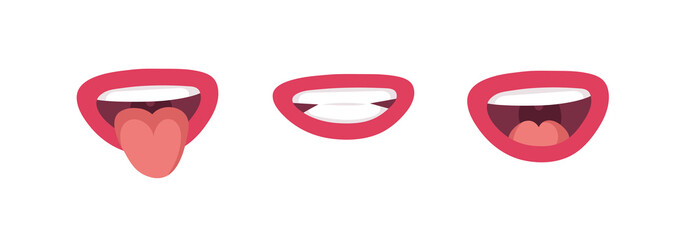 Set of emotional women lips. Cartoon style illustration female mouth. Isolated Hand drawn vector facial expression. Pink lipstick Gestures Collection Expressing Different Emotions