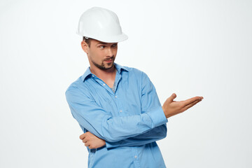 Male builder white helmet work professional industry