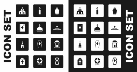 Set Funeral urn, Church tower, Holy bible book, building, Burning candle, Old crypt and icon. Vector