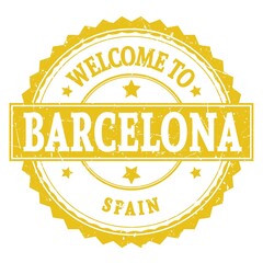 WELCOME TO BARCELONA - SPAIN, words written on yellow stamp