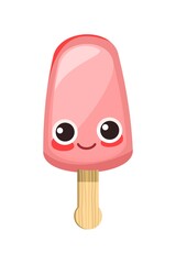 Pink Ice cream. Summer food sweet dessert. Cartoon funny character. Flat design. Object is isolated on a white background. Popsicle on a stick. Illustration Vector