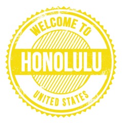 WELCOME TO HONOLULU - UNITED STATES, words written on yellow stamp