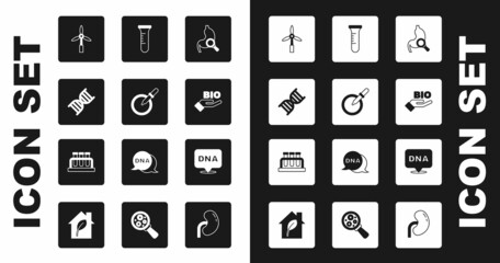 Set Stomach with magnifying glass, Petri dish pipette, DNA symbol, Wind turbine, Bio healthy food, Test tube and flask, and icon. Vector
