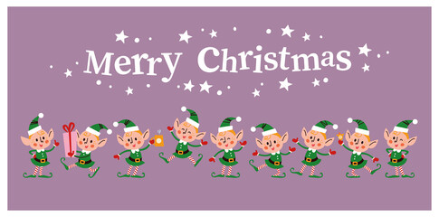 Set of different cute little Santa elves characters and Merry Christmas text congratulation isolated. Elf carry gift box, drink hot chocolate, jump, wink, smile. Vector flat cartoon illustration.