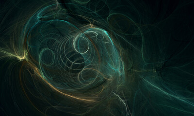 Chaotic geometric 3d digital illustration with green and orange glowing neon circles and flames creating spirals, curls and holes in perspective of deep dark space. Abstract and futuristic background.