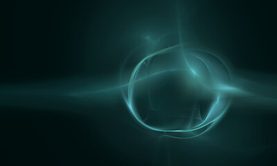 Artistic digital illustration of glowing amorphous bubble in turquoise color with beams of radiance in dark space or in deep abyss of ocean. Great as design element, banner, background or cover.  