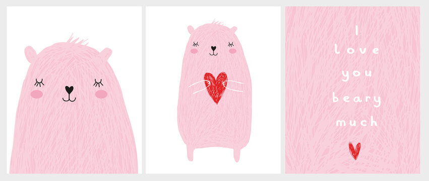 Cute Hand Drawn Vector Illustrations with Pastel Pink Bear Holding a Big Red Heart. Sweet Infantile Style Nursery Art with Baby Bear on a White Background for Card, Wall Art, Poster, Valentine's Day.