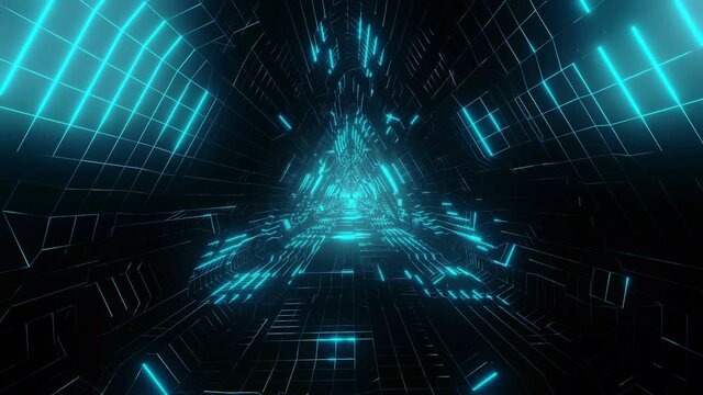 Abstract tech structure, neon blue triangle sci-fi tunnel.