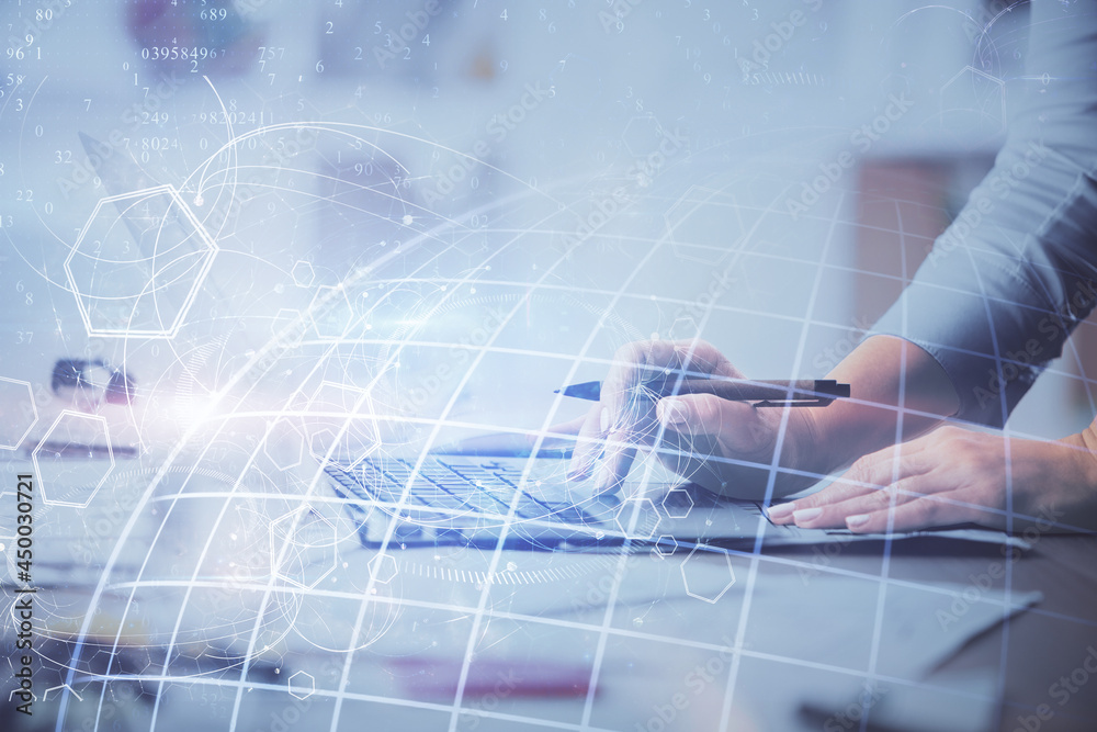Poster double exposure of woman hands working on computer and world map hologram drawing. international tec