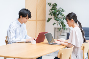 作業をする若い日本人カップル