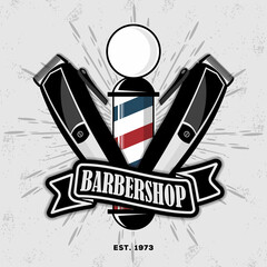 Barbershop logo, poster or banner design concept with barber pole. Vector illustration
