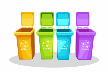 Colorful garbage cans for collecting waste. Sorting garbage into different types. Vector cartoon illustration.