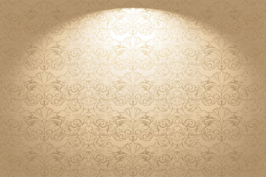 Vintage, Gothic horizontal background in the Baroque, rococo style. Luxurious, royal gold wallpaper with stage lighting. Vector illustration