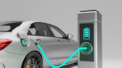 Electric car charging. Electric vehicle charging port plugging in car. Electric Car Charging Indicating the Progress of the Charging. 3d visualization