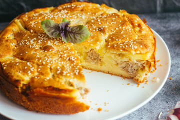 Chicken and potato pie. Tasty pie. Pie and vegetables on the table 