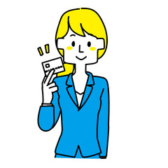 カードを手に持っているスーツの女性
