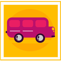 Vector illustration of a pink bus. Pink car. Bus with closed insoles. Postcard of a pink bus on a yellow background with glowing headlights. Public transport.