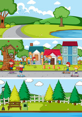 Fototapeta na wymiar Set of different horizon scenes background with doodle kids cartoon character